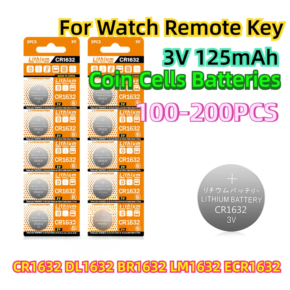 For Watch Remote Key 3V 125mAh Coin Cells Batteries CR1632 DL1632 BR1632 LM1632 ECR1632 Lithium Button Battery