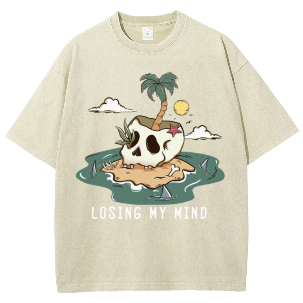 Losting In My Mind Skull Skeleton Vintage Unisex Washed T-shirt, Beach Shirt, Aloha Shirt, Hawaiian Shirt