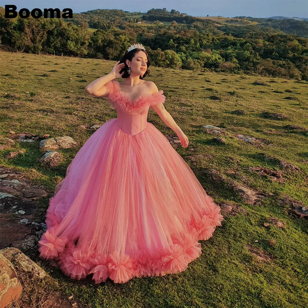 

Booma Pink Ball Gowns Long Prom Dresses Off Shoulder Ruched Ruffles Tulle Quinceanera Dresses Graduation Evening Dress for Party