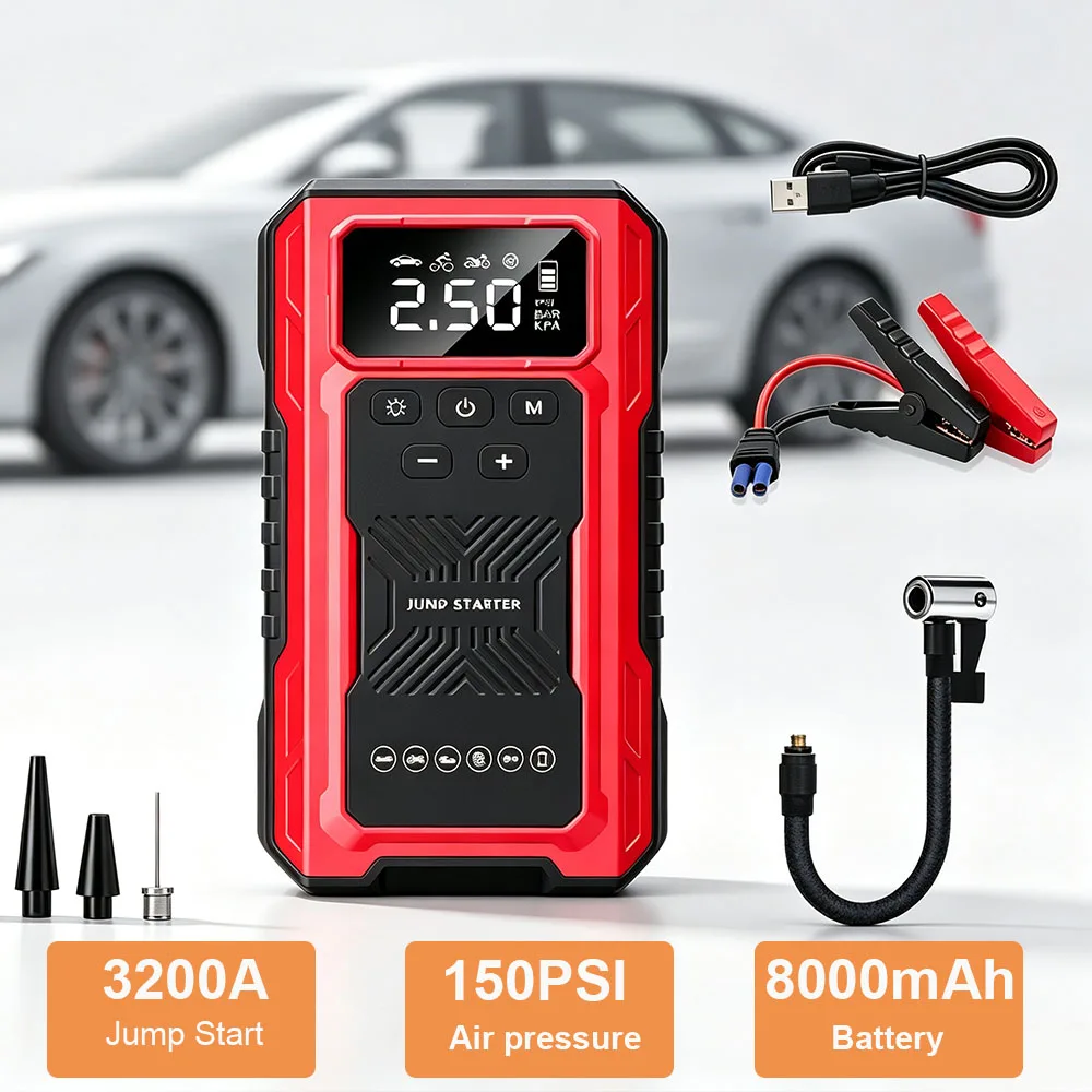 Przenośny zestaw do rozruchu samochodu z funkcją power banku, pompą do pompowania opon (150 V) i awaryjnym oświetleniem LED, przeznaczony do samochodów z silnikiem Diesla i benzynowym.