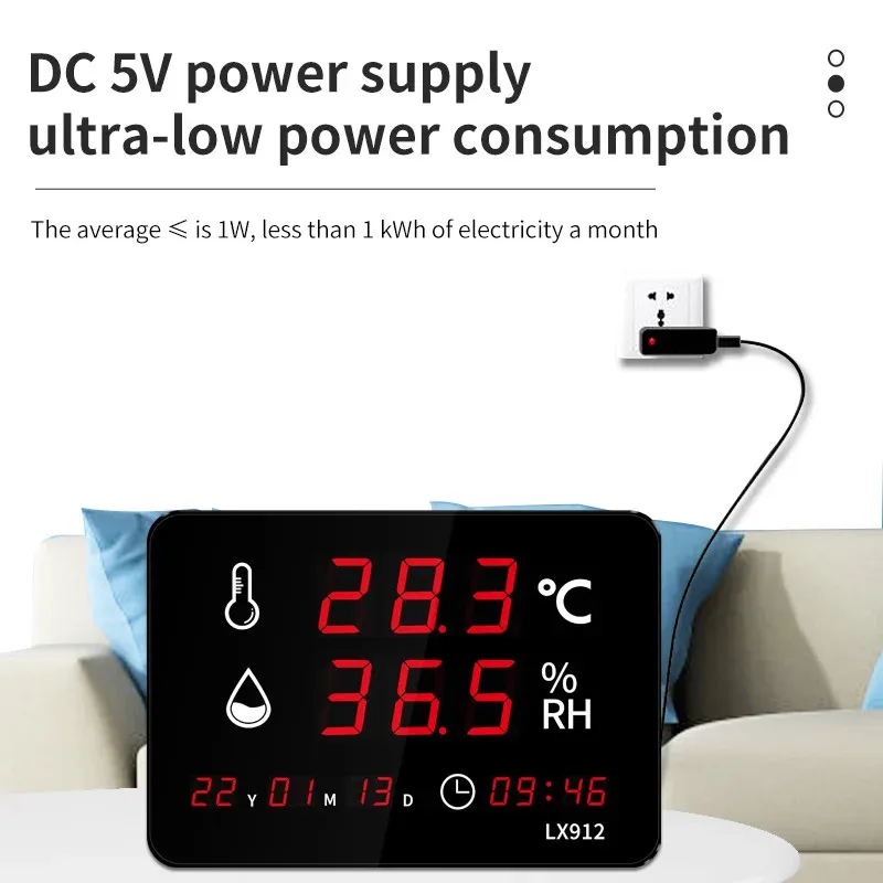 Wall-Mounted Digital Thermohygrometer with Large LED Display Built in Probe