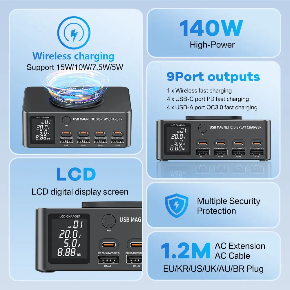 140W 8-Port USB PD Fast Charger with Magnetic Wireless US/EU/UK/AU Plug Desktop Charging Station for iPhone Huawei Samsung Phone