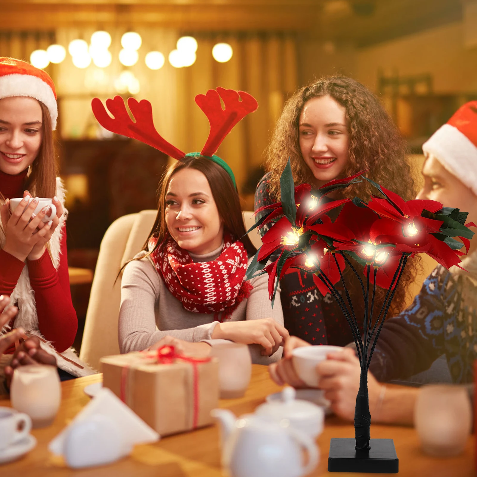 

1pc Poinsettia Tree Lamp Usb Powered Warm Light Christmas Flower Lamp For Xmas Party Home Decor Festival Scene Ornament