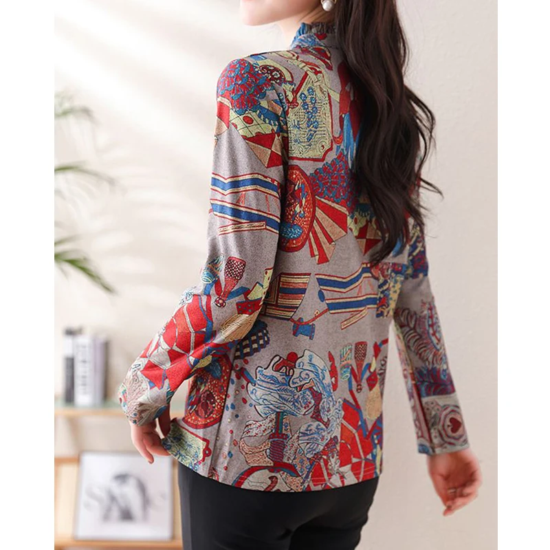 Women Spring Korean Fashion Vintage Print Ruffle Blouse Elegant Chic Stand Collar Shirt Long Sleeve Slim Tops Blusas Para Mujer