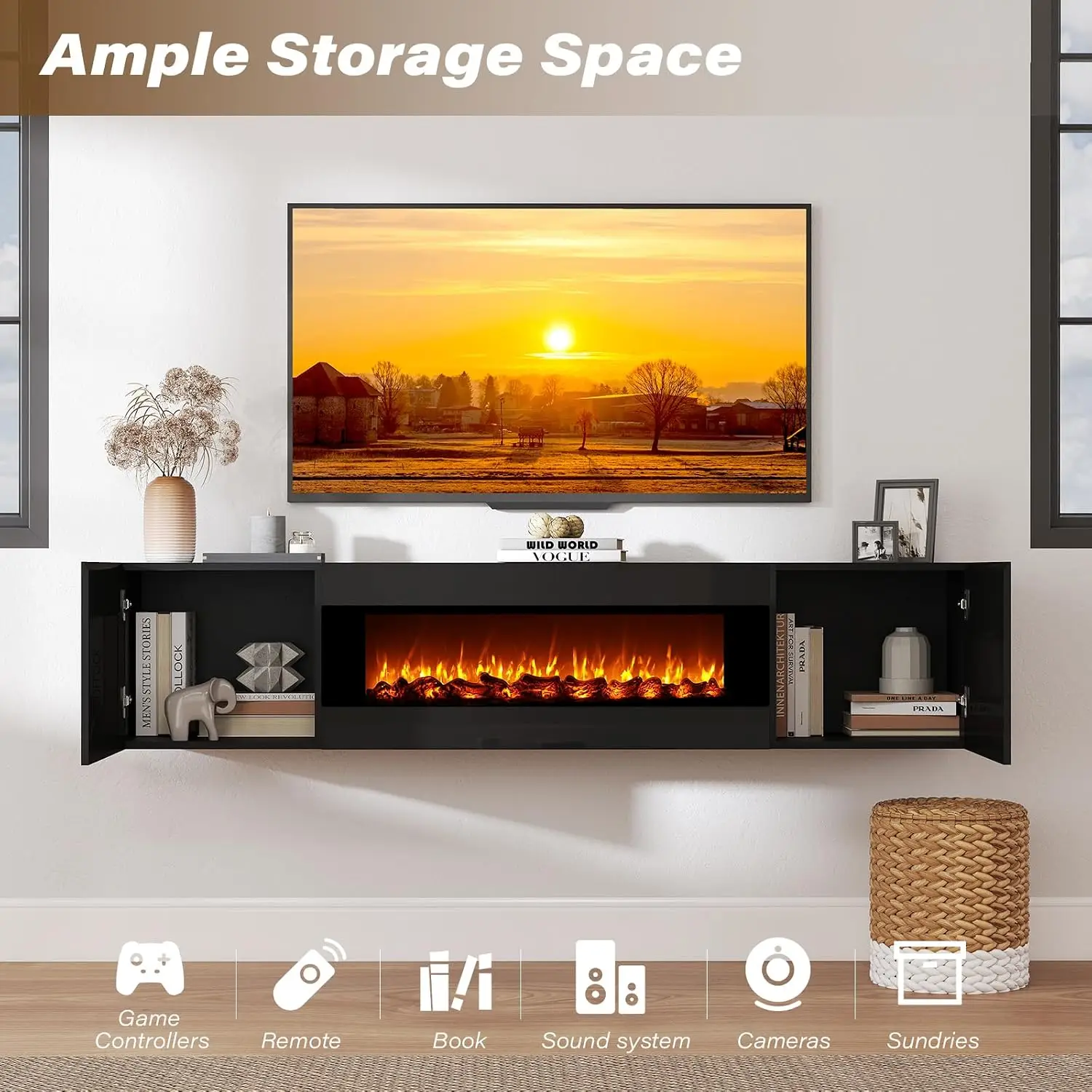 70'' Wall Mounted TV Stand with Fireplace & Storage for 80
