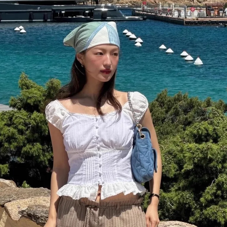 

Slim Fit Lace Trim Bubble Sve Pure Color irt Summer New Sle Commute Sle UV Protection ort Sve Square Collar irt