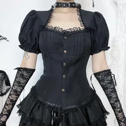 2024 New Arrival Lolita Style Vintage Black Double-layered Shirt for Women Summer