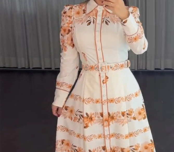 Women Floral Placement Print Turn-down Collar Puff Sleeve Vacation Dress Casual Button Down Shirt Dress With Belt and Lining