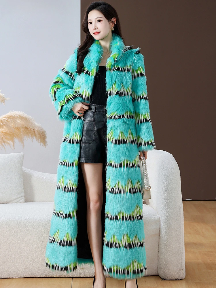 Winter Colorful Striped Green Fur Coat Women's Clothes Ultra-Long Fashionable Stylish Furry Plush Faux Fur Overcoat Windbreaker