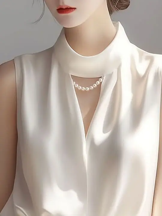 Elegant White Sleeveless Shirt for Women V-Neck Hanging Neck Beautiful Summer New Style Korean Loose Fit Hollow out Top