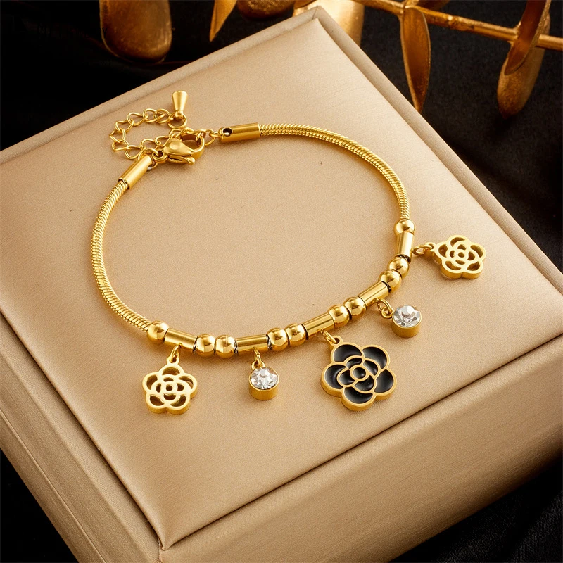 

Niche Design Fashionable Simple French Retro Hollow Drip Oil Camellia Pendant Cubic Zirconia Chain Stainless Steel Bracelet