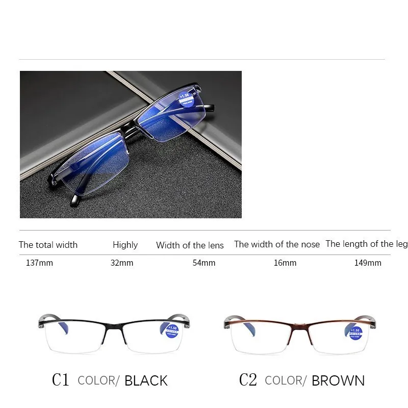 Ahora Ultralight Square Half Frame Reading Glasses Presbyopic Glasses Men Women +100 +150 +200 +250 +300 +350 +400 Brown Black