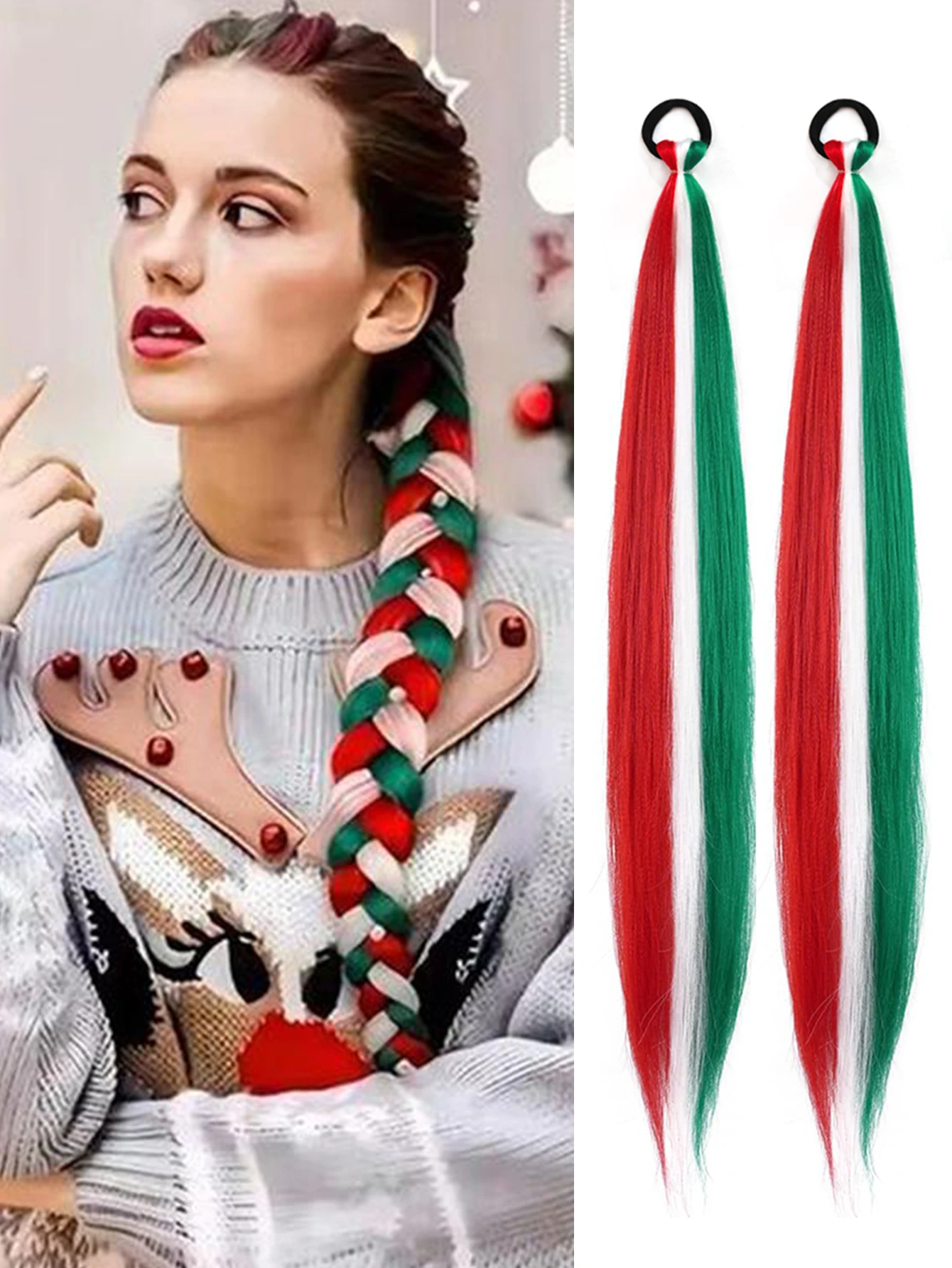 

Christmas Braiding Synthetic Braided Ponytail Extension Piece 2PS Front Stretch with Elastic Band Smooth Straight Circular Style
