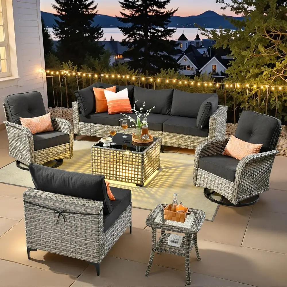 

8-Piece Outdoor Wicker Sectional Sofa Set with Swivel Chairs and Coffee Table, Black