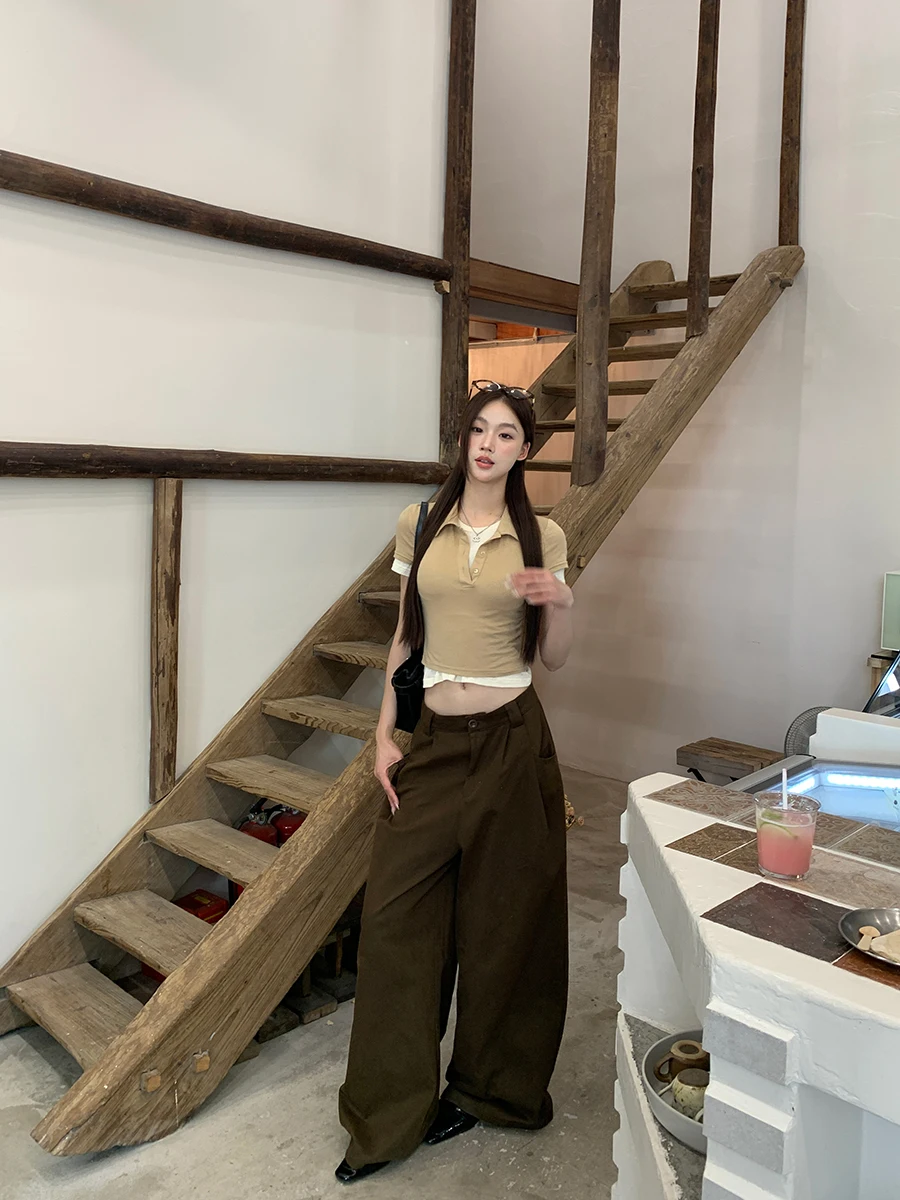 

Широкие джинсы с высокой талией, женские свободные джинсы прямого кроя, летние новые брюки кофейного цвета Sli и Ele