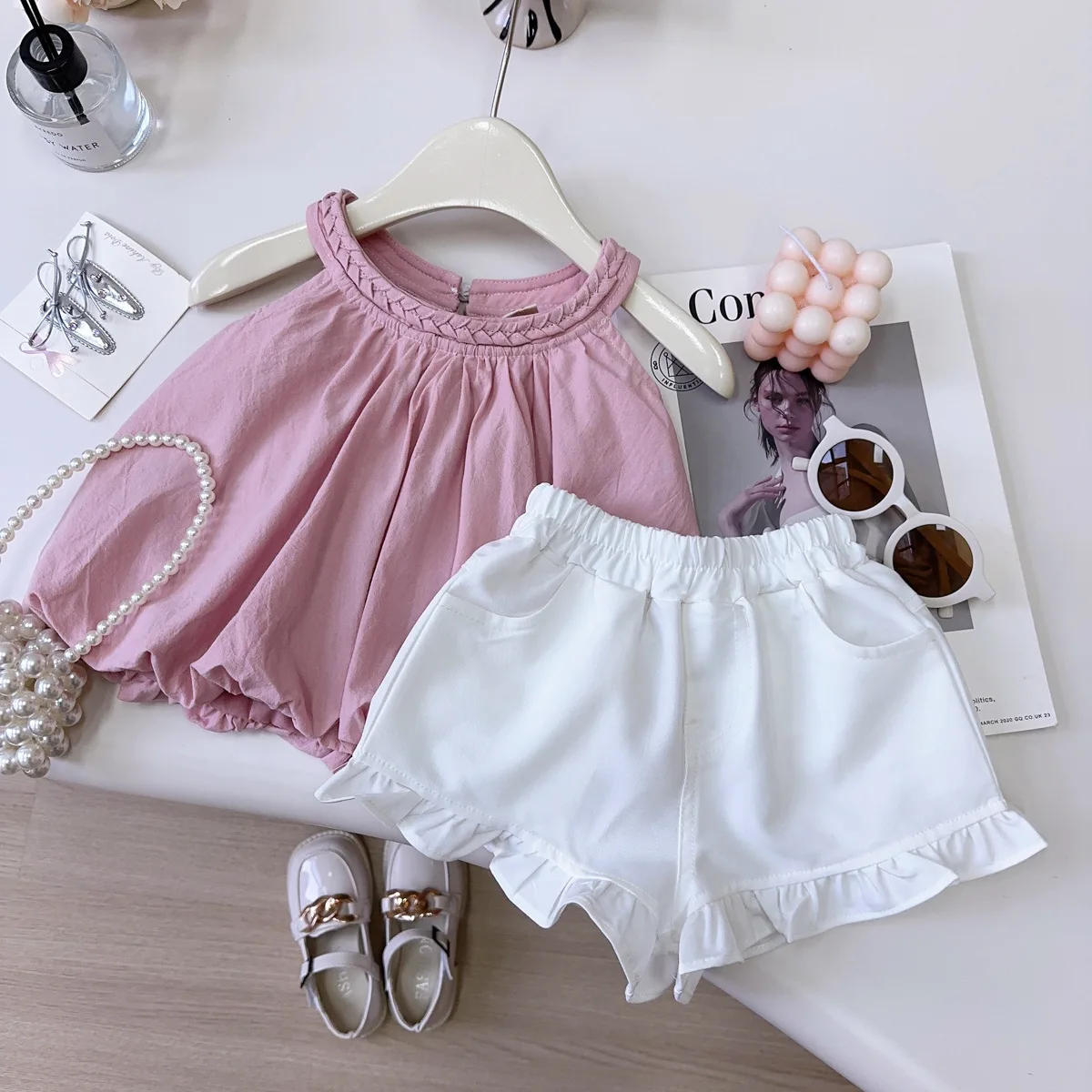 2025 Girls' Sweet Set Summer New Baby Girl Hanging Neck Tank Top+Ruffle Shorts Set Baby Girl Clothes