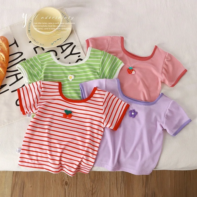 Summer Kids T-shirt Cute Cartoon Strawberry Flower Decor Tops for Girls Baby Ribbed Striped Casual Tee 1-5Y Children Clothing