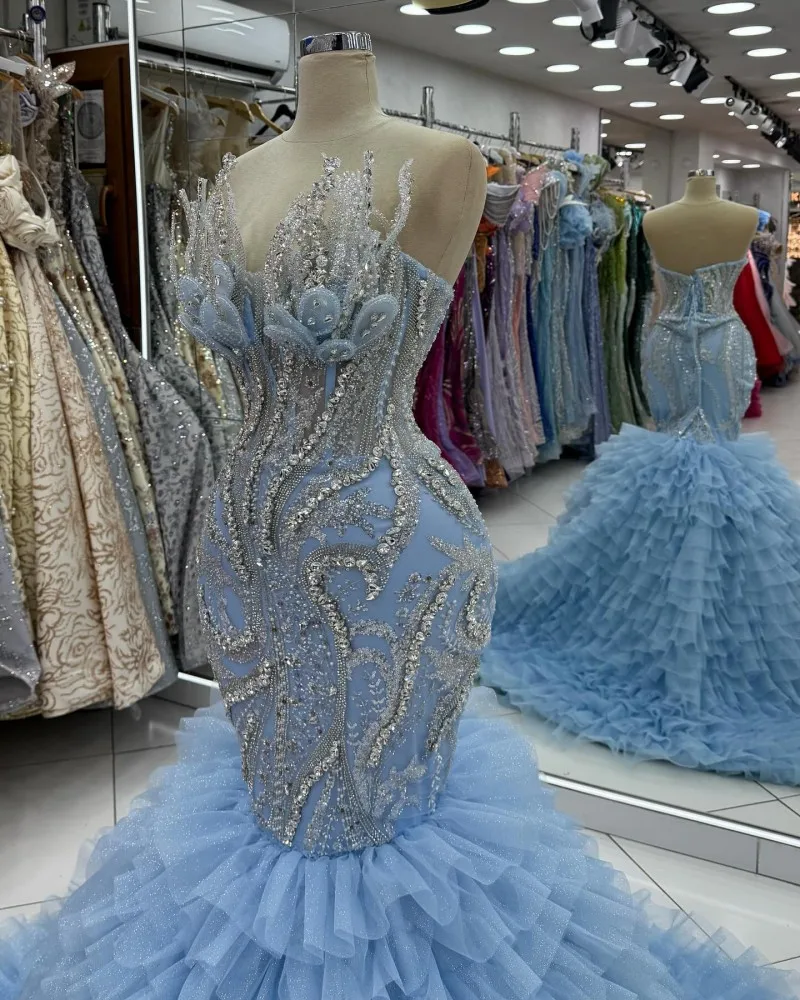 Cara Alan Lichtblauwe Avondjurken Voor Vrouwen Zeemeermin Celebrity Prom Dress 2025, Crystal Sequin Party Jurken Aangepast
