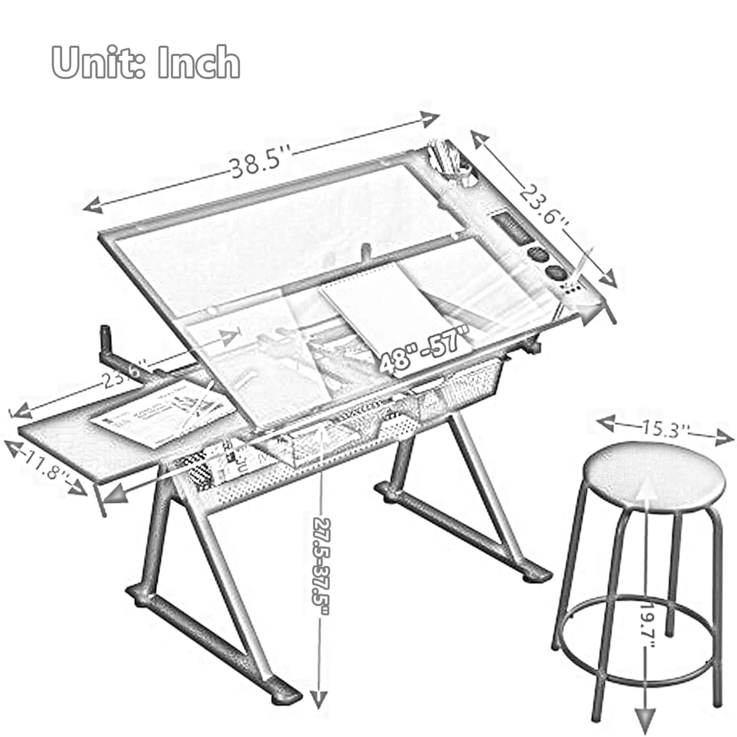 Drafting Table, Height Adjustable Art Tabe with Stool, White, Customized