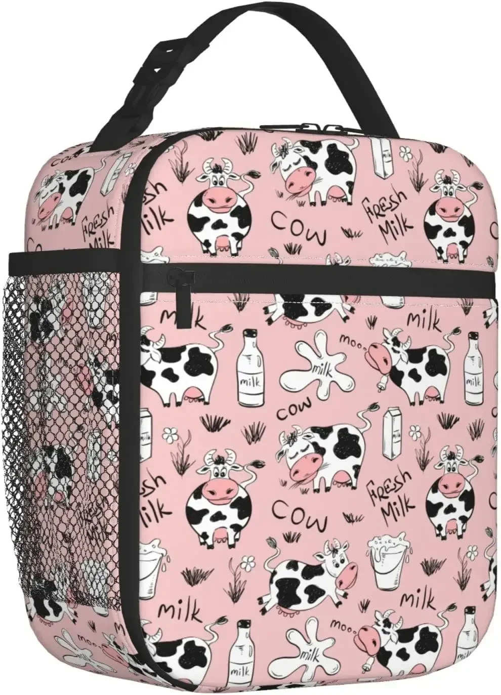 Pink Funny Cows And Milk Lunch Box Insulated  Bags Zipper Cooler Tote Bag For Teens Girls Boys Men Women Office Picnic