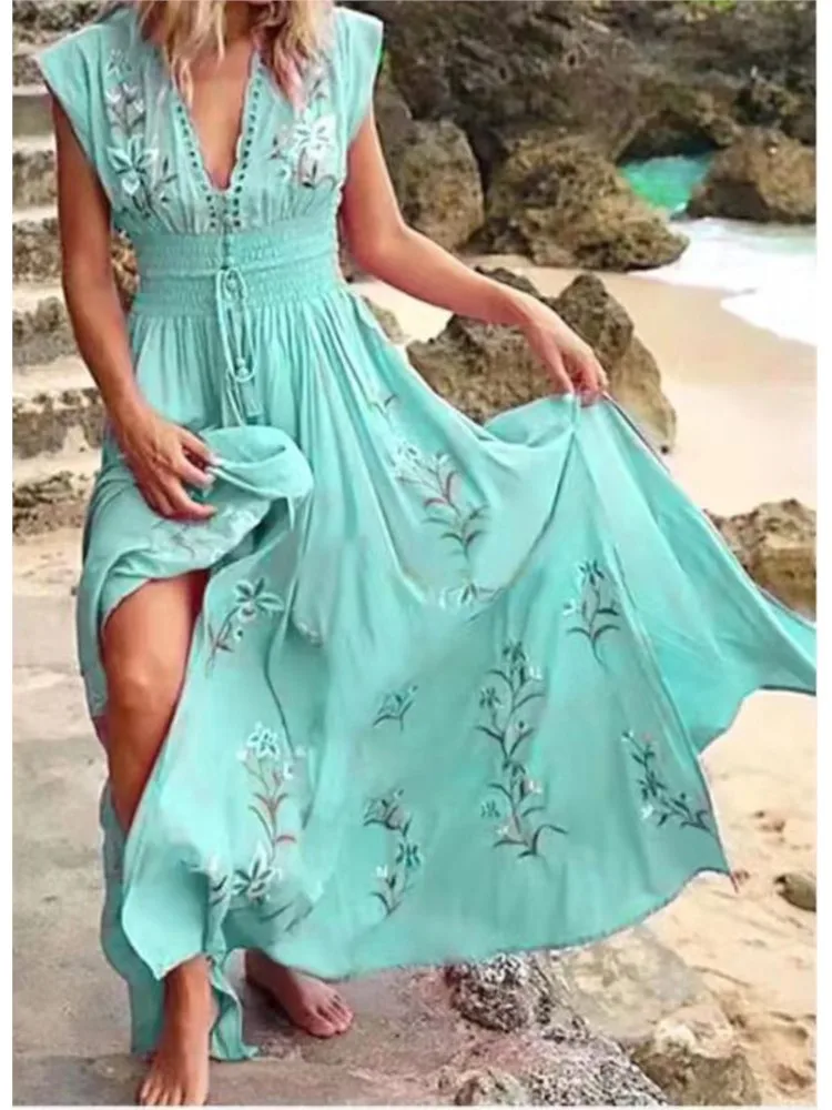 Casual Print V Neck Dress For Women Fashion Sleeveless High Waist Lace-up Loose Long Dresses Lady Holiday Beach Party Boho New