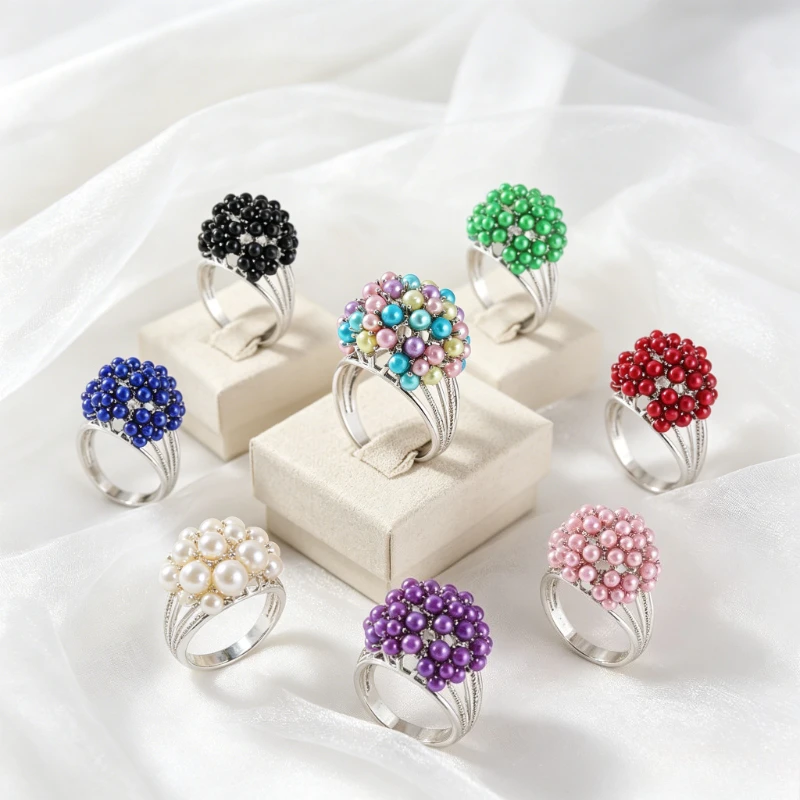 Elegant Temperament Multi-color Imitation Pearl Silvery Plated Ring Women's Luxury Charm Banquet Anniversary Jewelry Accessories