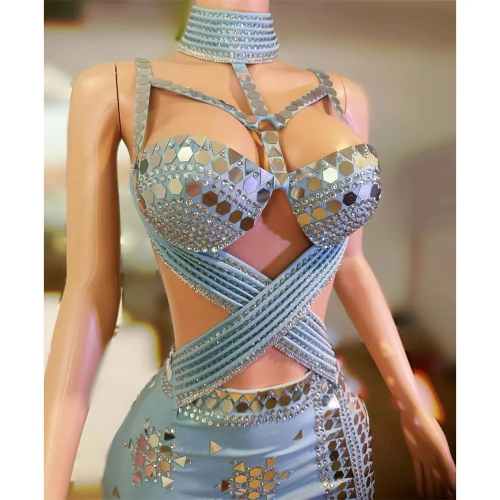 Bar Nightclub Sexy High Slit Short Dress Women Singer Club Party Performance Stage Costume Purple Black Rhinestones Mini Dress