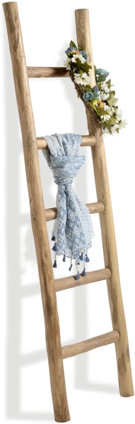 

57 Inch Assembled Wooden Blanket Ladder for Living Room, Farmhouse Style Quilt Display Stand with Rustic Appeal
