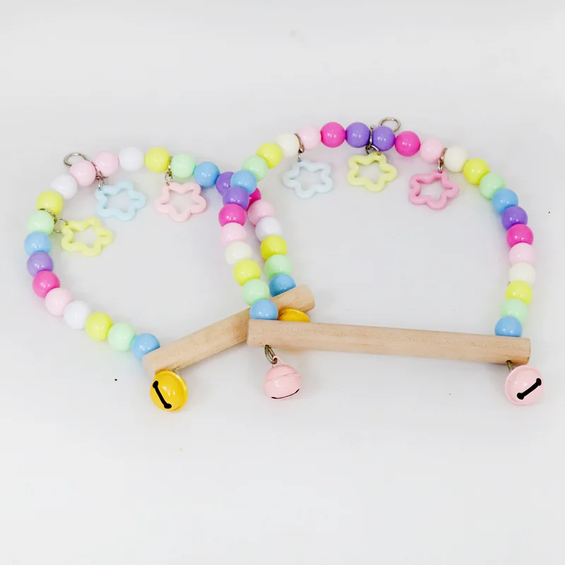 Natural Wooden Parrots Swing Toy Parakeet Birds Colorful Beads Bird Supplies Bells Toys Perch Hanging Swings Cage for Pets