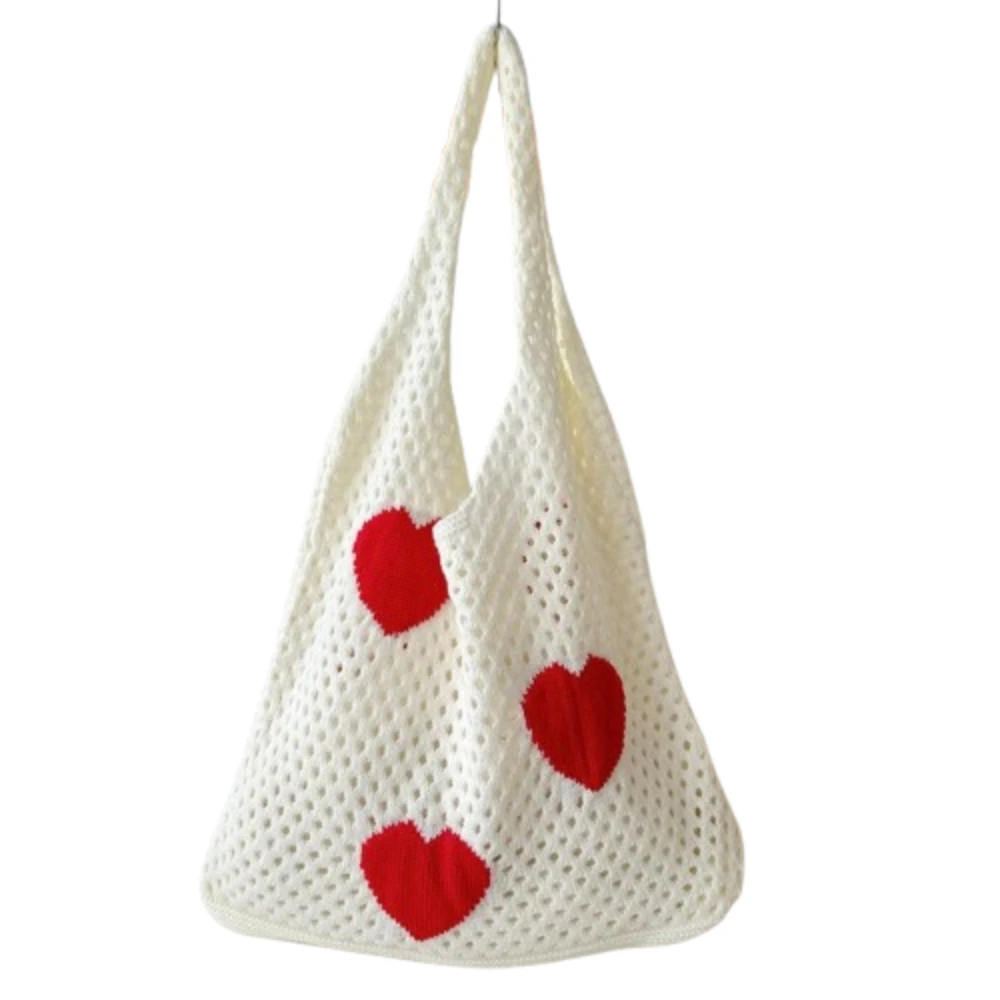 Large Capacity Knitted Shoulder Bag Love Heart Pattern Ins Style Hollow Tote Bag Fashion Sweet Ladies Shopping Bag for Women