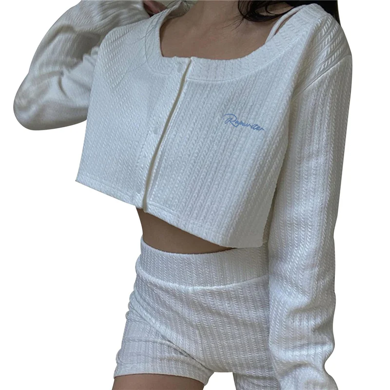 Women Button Down Crop Tops, Long Sleeve Scoop Neck Letter Pattern Knit T-Shirt Cardigan