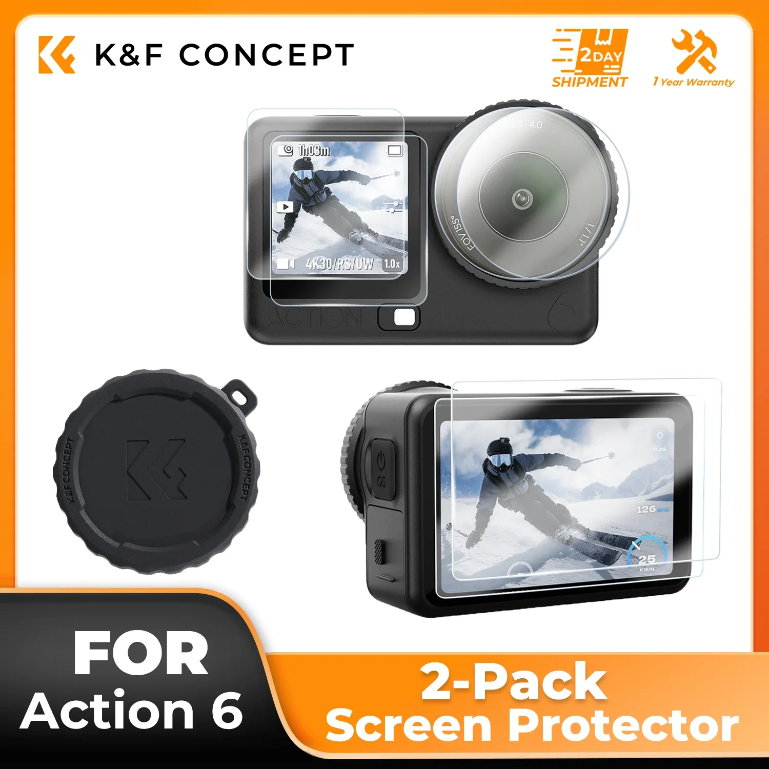 Защитная пленка из закаленного стекла K&F CONCEPT (2 шт.) для DJI Osmo Action 6 – твердость 9H, высокая четкость, защита от царапин, прозрачная пленка