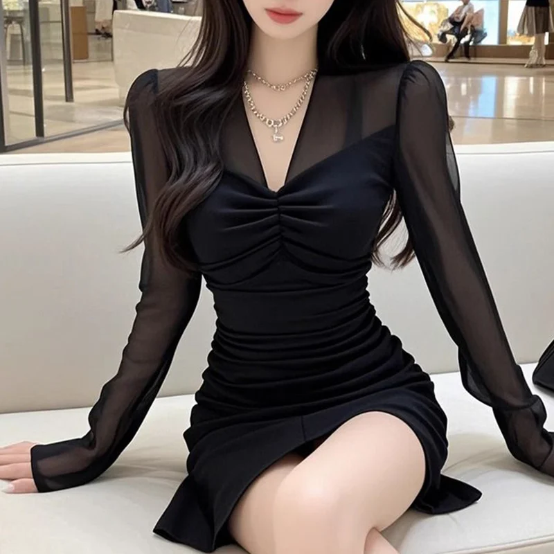 Herfst sexy vintage netto garen patchwork zwarte jurken dames modieuze geplooide v-hals lange mouw elegante jurk bodycon jurk