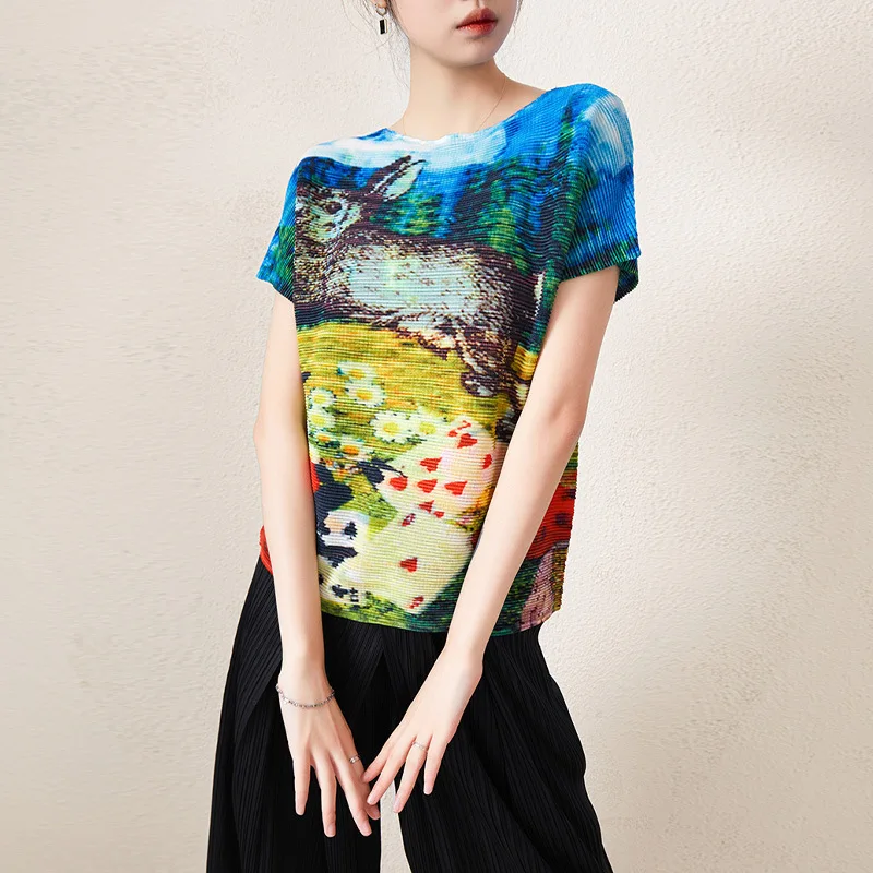 

Pleated Printed T-shirt 2022 Spring New Loose Large Size Foreign Fashion Creative Tops