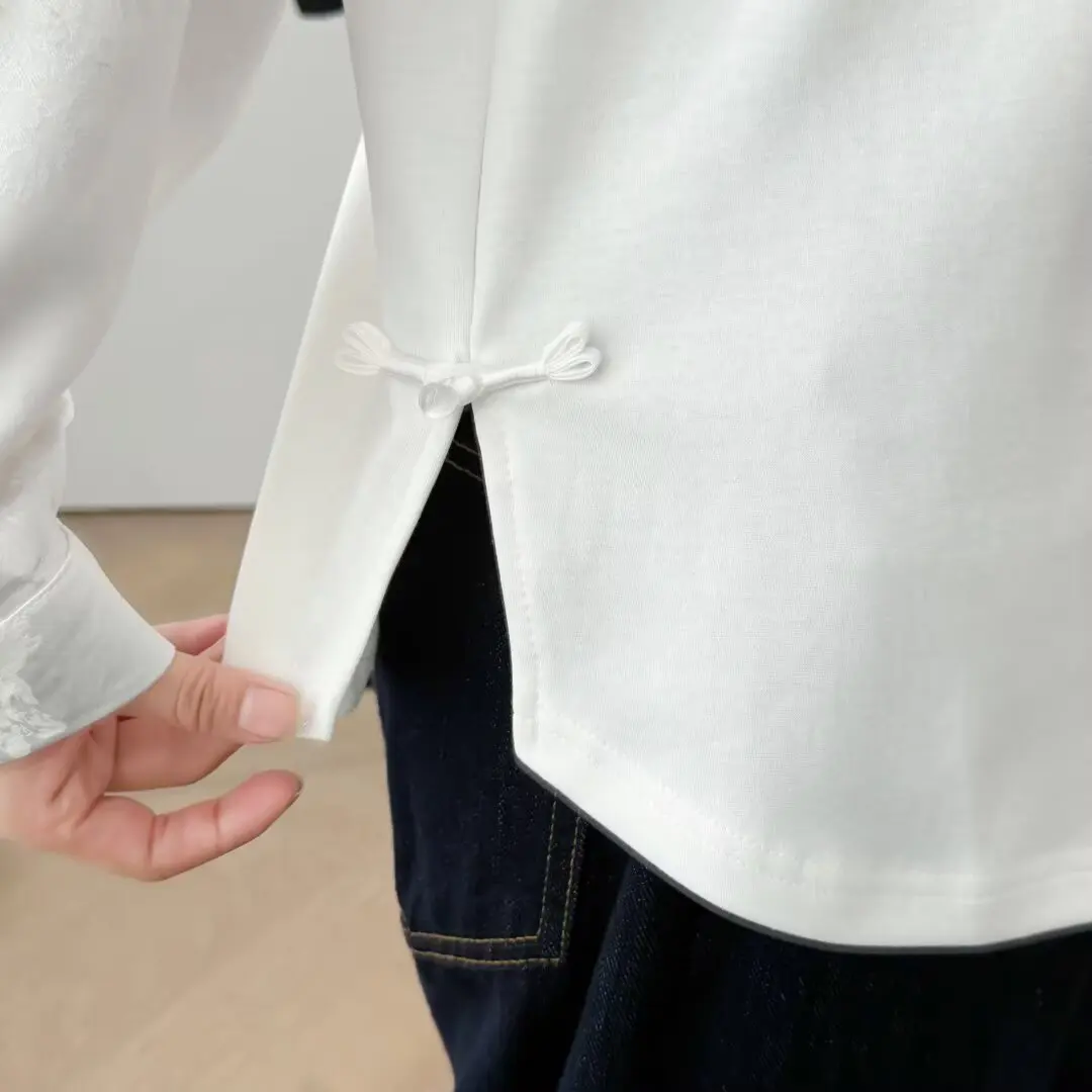 XXXXL 패션 플러스 사이즈 여성 티셔츠 2025 가을 신상 중국풍 새틴 패치워크 긴팔 상의 2566