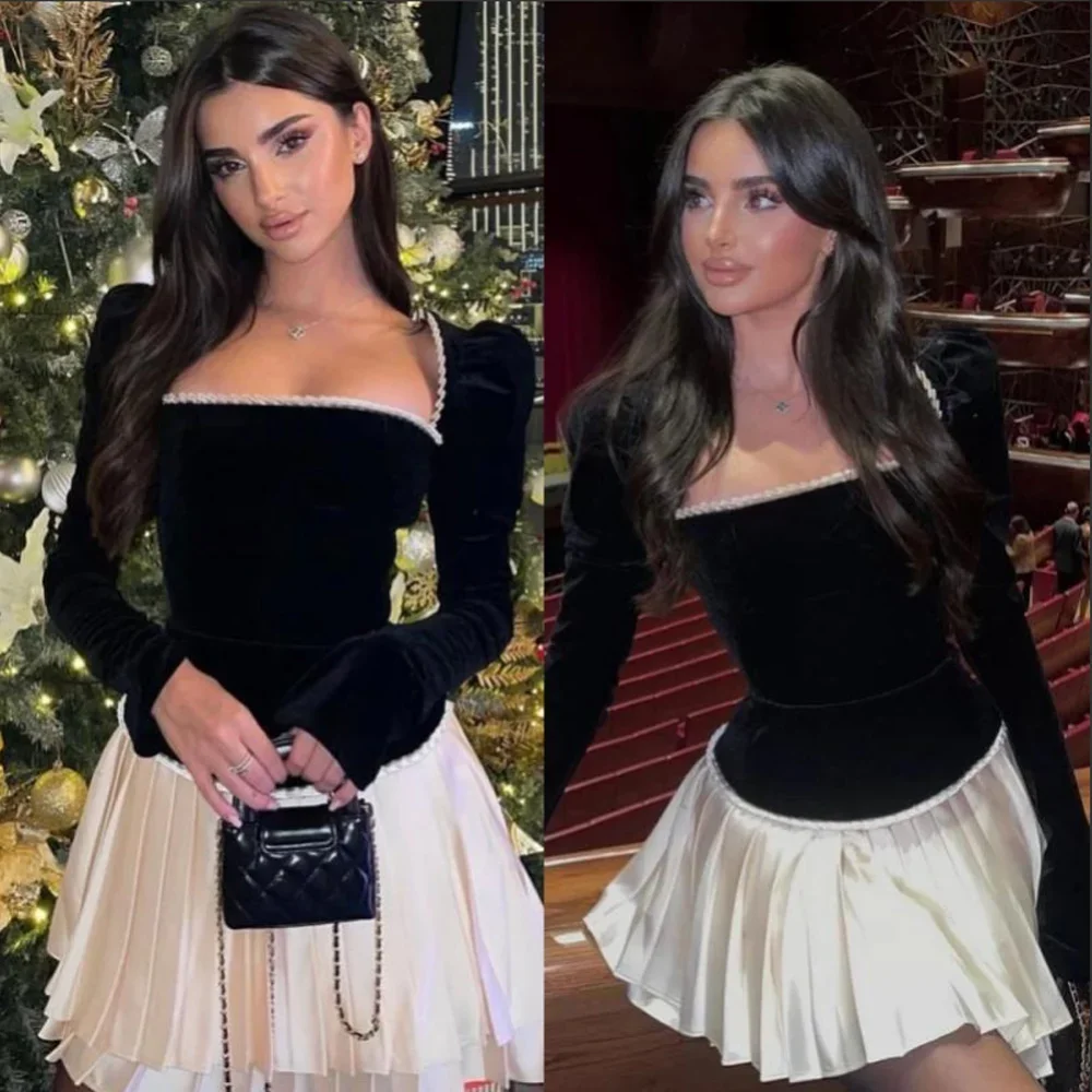

Customized Vintage Velour Prom Gowns Long Sleeves Short Cocktail Dress Pleat Ruched Mini Homecoming Dresses Party Gown for Women