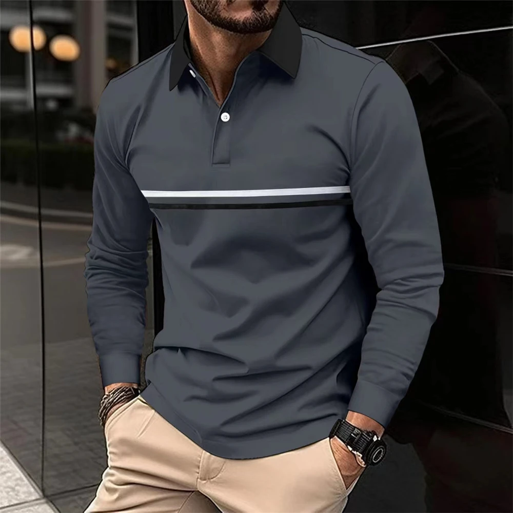 2024 Men New Stripe Long Sleeve Polo Shirt Men Casual Simple Style Polo Shirts Spring Fall Stand Basic Blouse Tees Mens Clothing