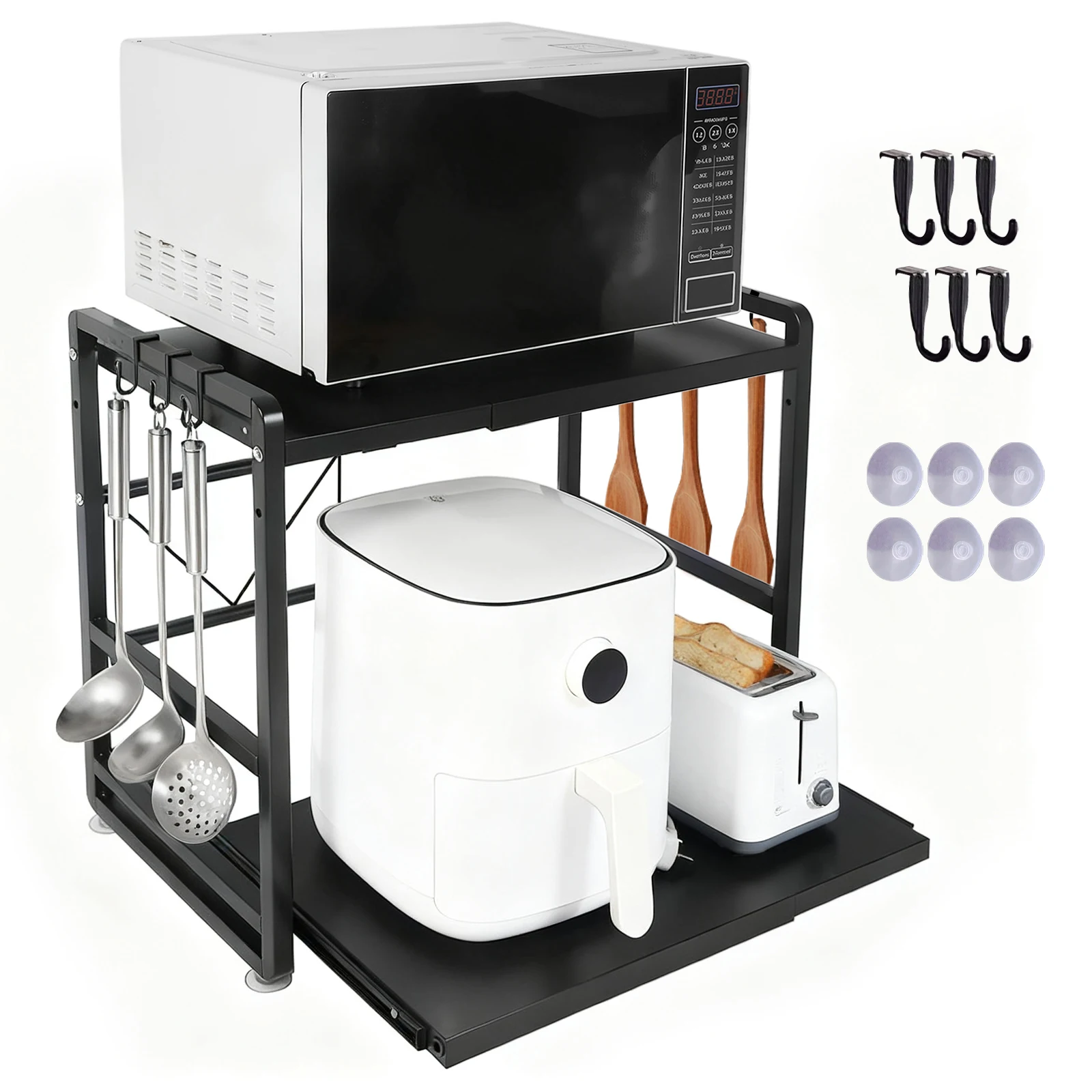 Iron Kitchen Shelf, Microwave Rack, Adjustable Height Extendable Shelf Includes Hooks & Reinforcement Suction Cups Easy Assembly