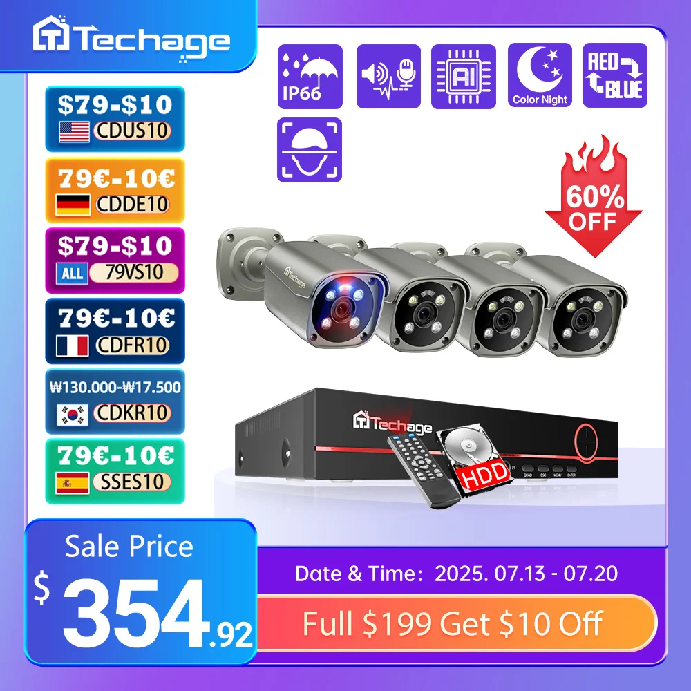 

Techage 4K 5MP 8MP Surveillance Camera System H.265 8CH POE NVR Kit Human Detection Red-bule Light Alarm CCTV P2P Video Audio