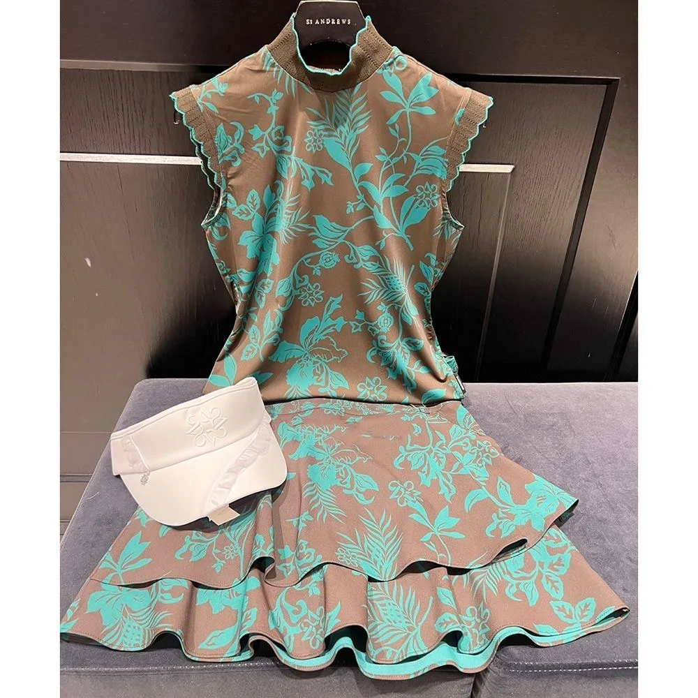 St ANDREWS Ladies Golf Mock Neck Sleeveless Floral Print Dress Ruffle Hem Breathable Sports Casual Dress Christmas Gift