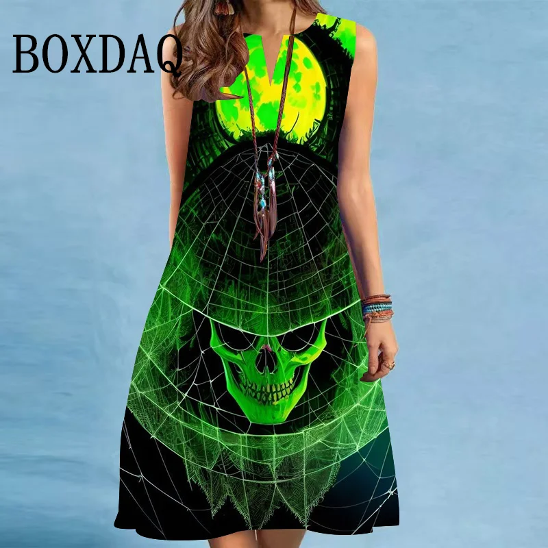 Fashion Tie Dye Gradient 3D Skull Dresses For Women 2025 New Summer Sleeveless Loose Midi Dress Casual V-Neck Party A-Line Dress