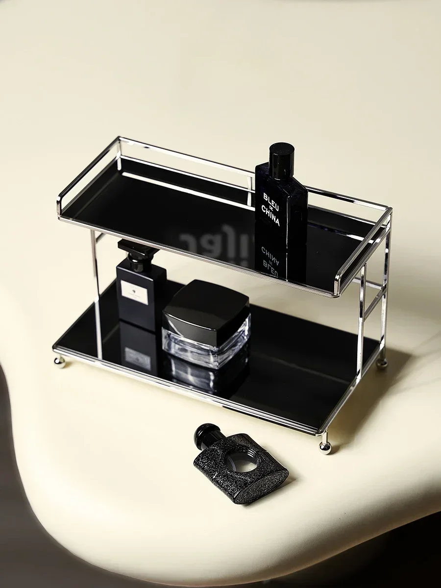 Modern minimalist luxury style black acrylic cosmetic storage rack desktop skin care products metallic silver