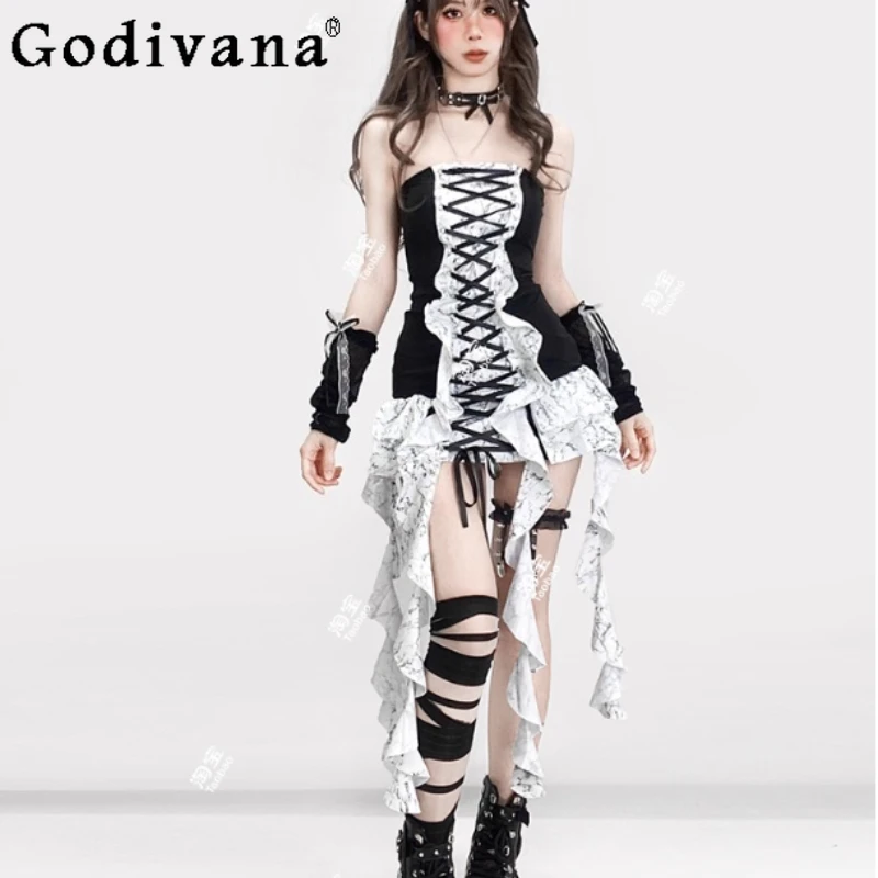 

Subculture Y2k Black Irregular Ruffles Strapless Dresses Summer Girl Sexy Slash Neck High Waist A-line Fashion Versatile Dress