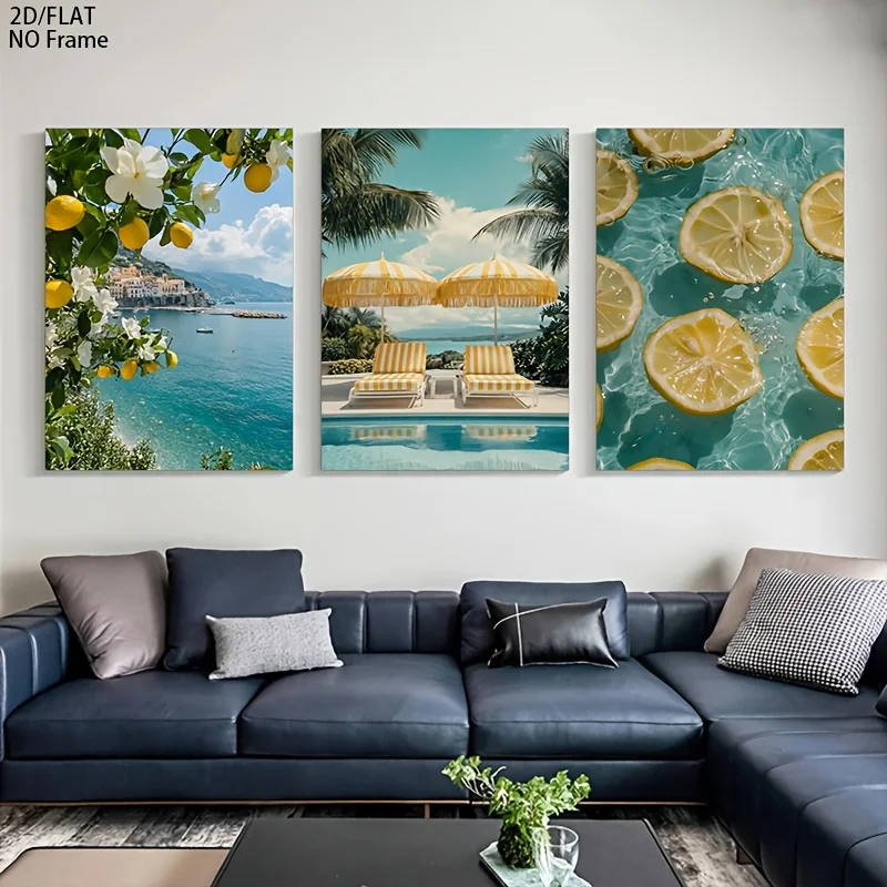 （NoFrame 3PCS）-2D Flat, 3pcs Frameless Modern Bohemian Minimalist Beach Pool Posters - Lemon Suitable for Decor, Canvas Paint