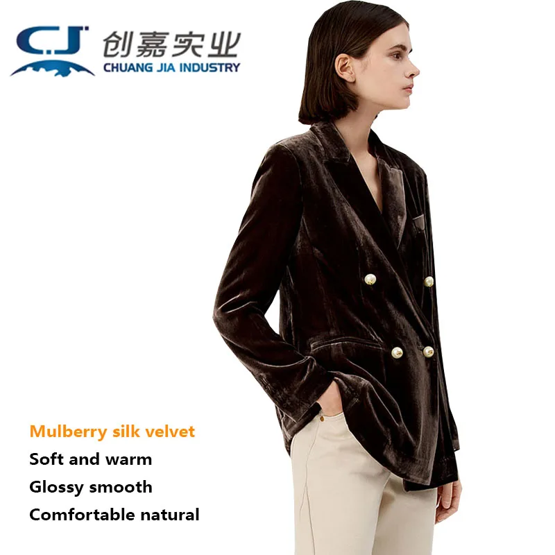 Spring and Autumn Natural Silk Velvet Women's Retro Double-breasted Gentleman's Suit Jacket Burgundy Smooth Glossy Soft Luxury