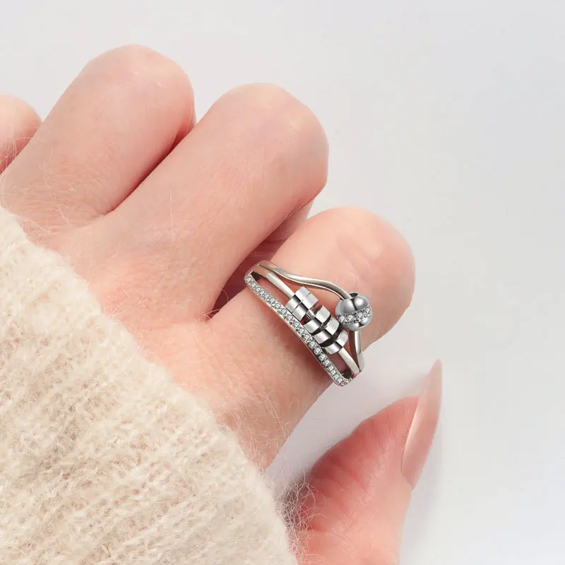 New design rotating beads Anti Stress ring for women Copper inlaid rhinestone anxiety relief spinning adjustable open ring