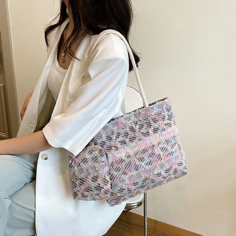 Bolso de mano de lona para mujer, bolsa de hombro de gran capacidad, informal, a la moda, para compras y playa, novedad de verano