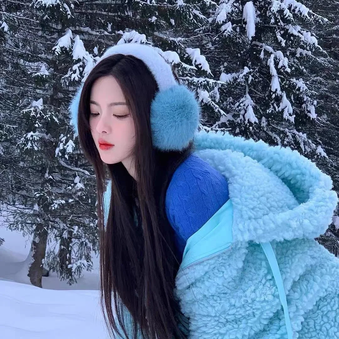 Blu imitazione capelli di volpe caldi paraorecchie addensati femminile inverno peluche orecchio studente caldo paraorecchie fresche e carine