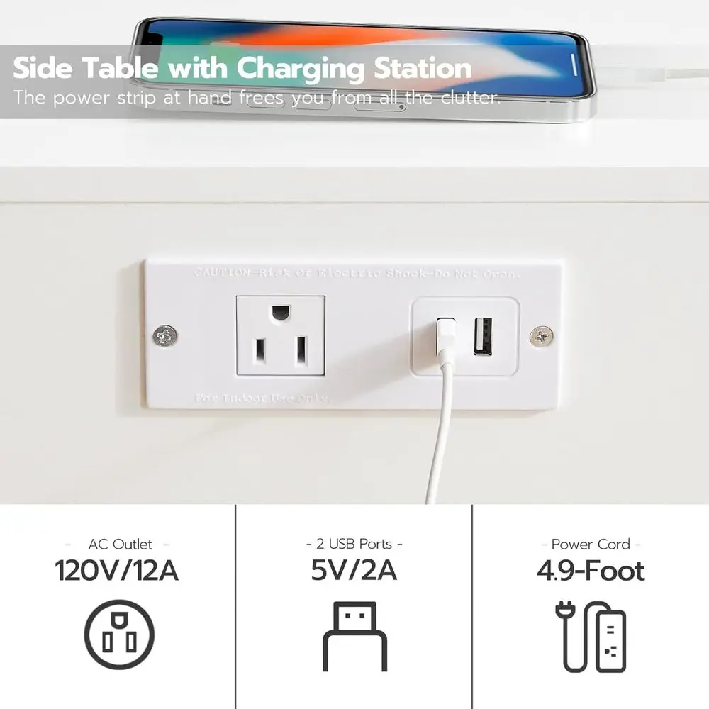 Charging Nightstand with USB Ports and Outlet, Ideal for Small Spaces, Solid and Stable, Suitable for Bedroom or Study, White an