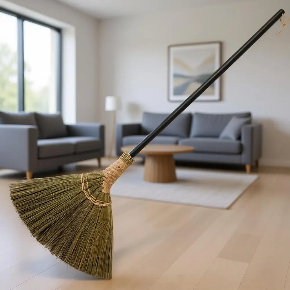 

Швабра/метла длиной 46,46 дюймов для использования в помещении и на улице - черная, с длинной деревянной ручкой, натуральная щетина, для уборки, прополки, декора